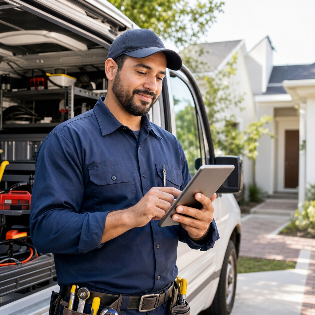 Technician using mobile device for field service job updates