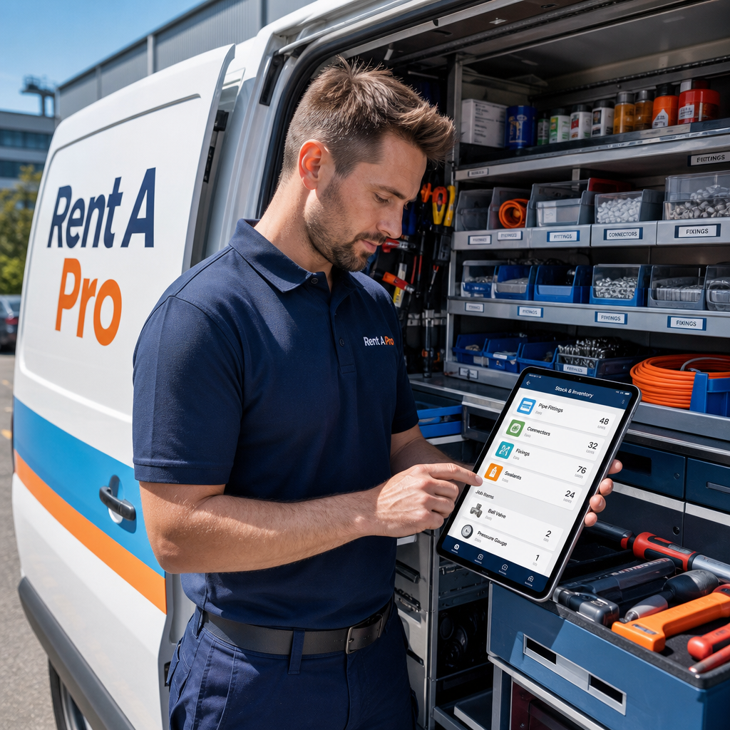 Rent A Pro technician checking bootstock inventory on a tablet while organising parts and tools in a branded service vehicle
