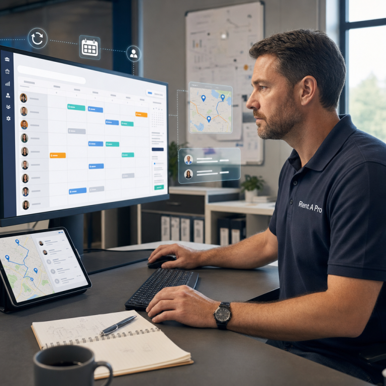 Maintenance planner using Rent A Pro recurring jobs software to schedule repeat service tasks and assign technicians.