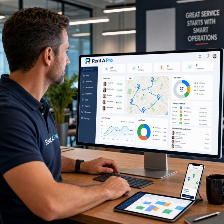 Service manager reviewing the Rent A Pro job management software dashboard with technicians and scheduled jobs on screen