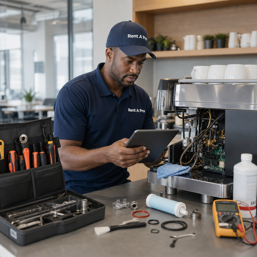 Coffee machine technician using Rent A Pro software to update a digital job card