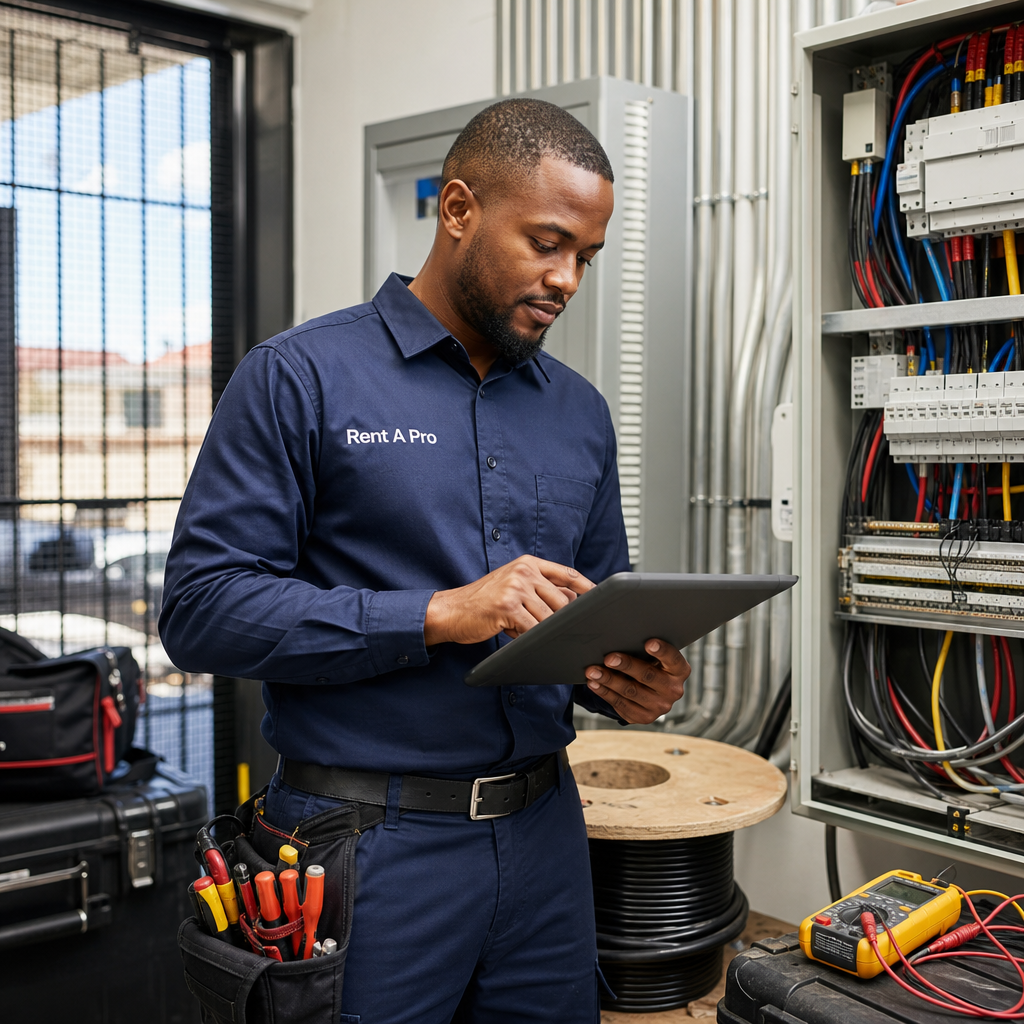 Electrician using Rent A Pro software to update a digital electrical job card