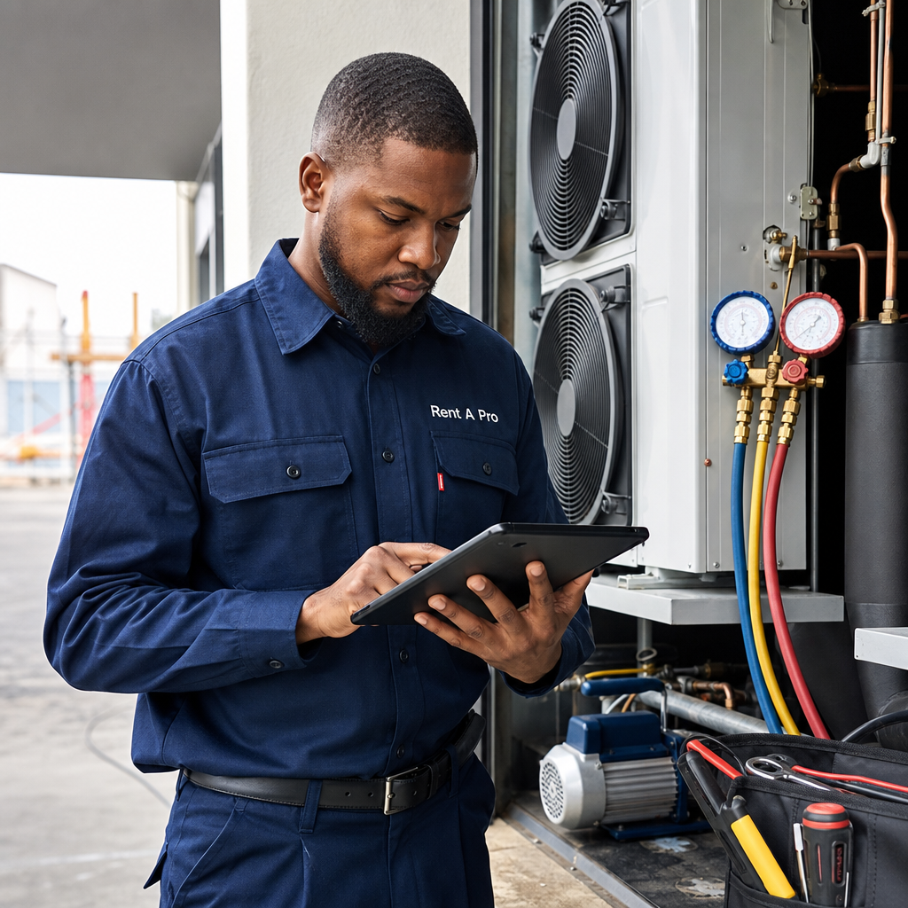 HVAC technician using Rent A Pro software to update a digital job card