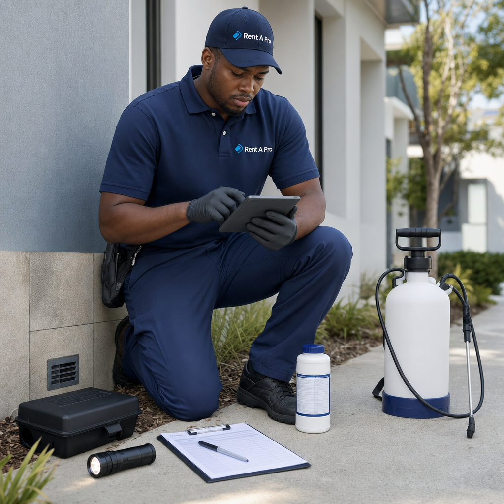 Pest control technician using Rent A Pro software to update a digital job card