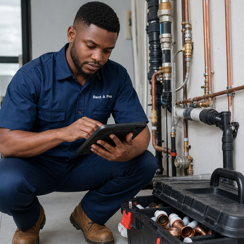 Plumber using Rent A Pro software to update a digital job card
