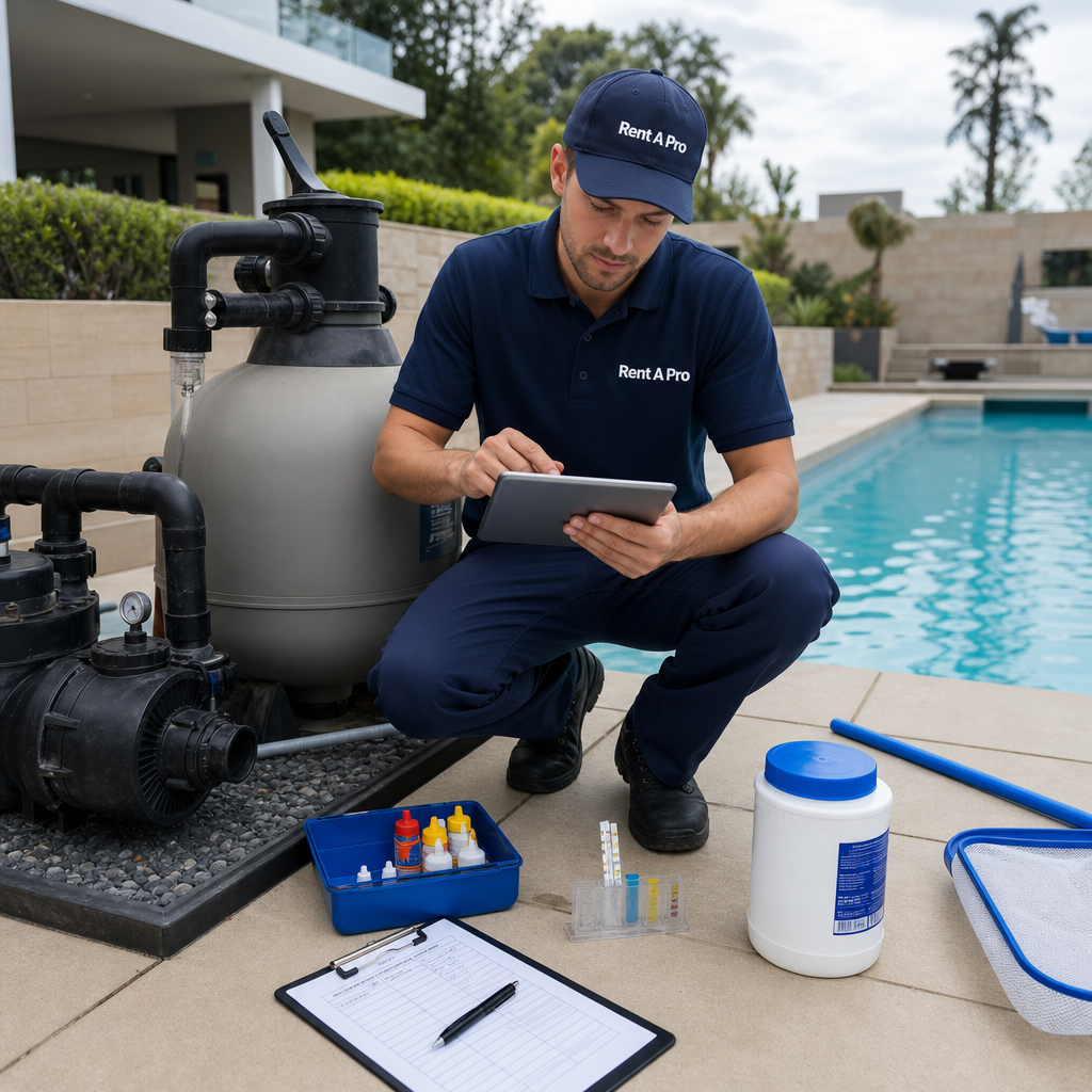 Pool maintenance technician using Rent A Pro software to update a digital job card