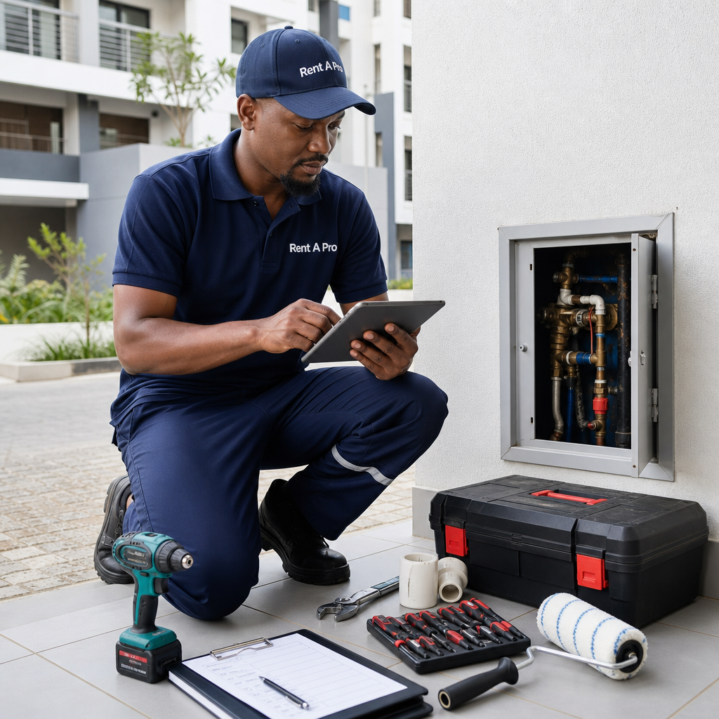 Property maintenance technician using Rent A Pro software to update a digital job card