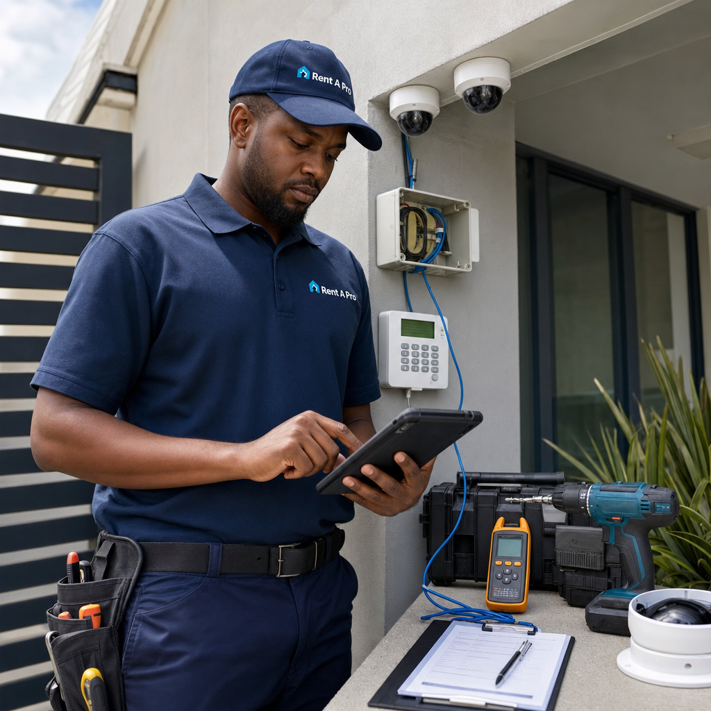 Security and CCTV technician using Rent A Pro software to update a digital job card