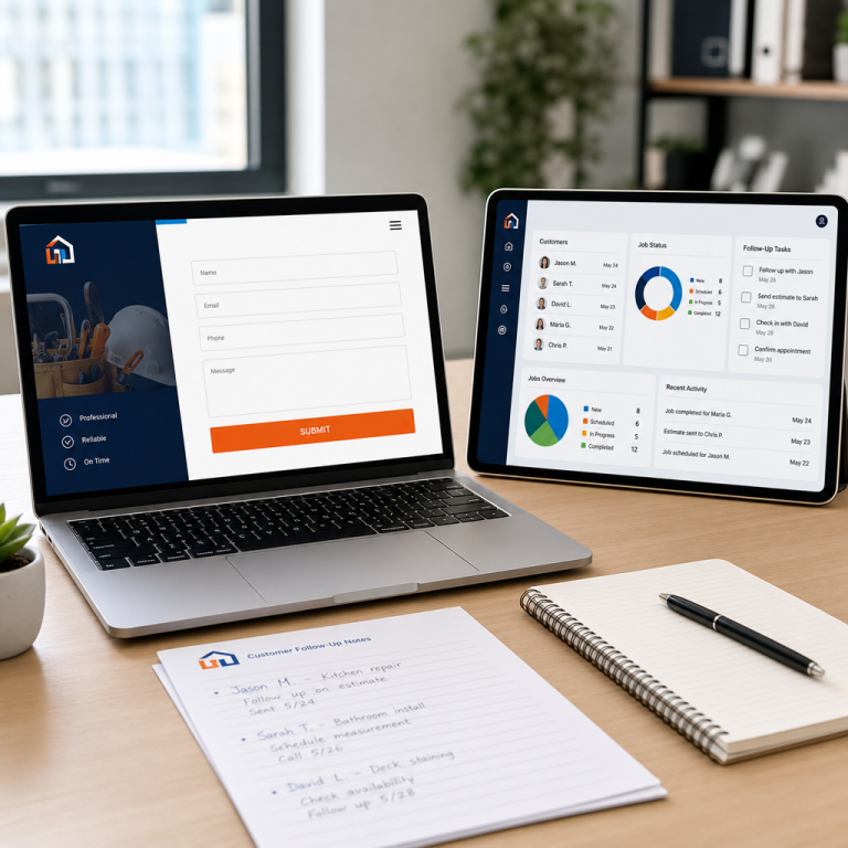 Website enquiry form on a laptop capturing leads with a Rent A Pro CRM dashboard and customer follow-up notes for service businesses